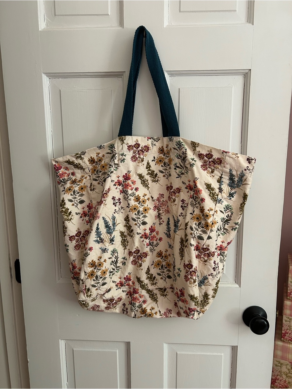 Floral Canvas Tote Bag with Teal Handles